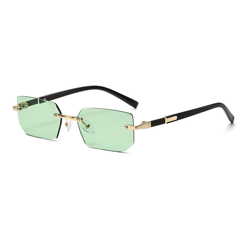 (6 PACK) Wholesale Sunglasses New Arrival Rimless Fashion Trendy Cut Edge 2024 - BulkSunglassesWholesale.com - Gold Frame Green Lens