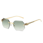 (6 PACK) Wholesale Sunglasses New Arrival Rimless Unique Leopard Head Polygon Cut Edge Fashion Women 2024 - BulkSunglassesWholesale.com - Gold Frame Gradient Green Lens