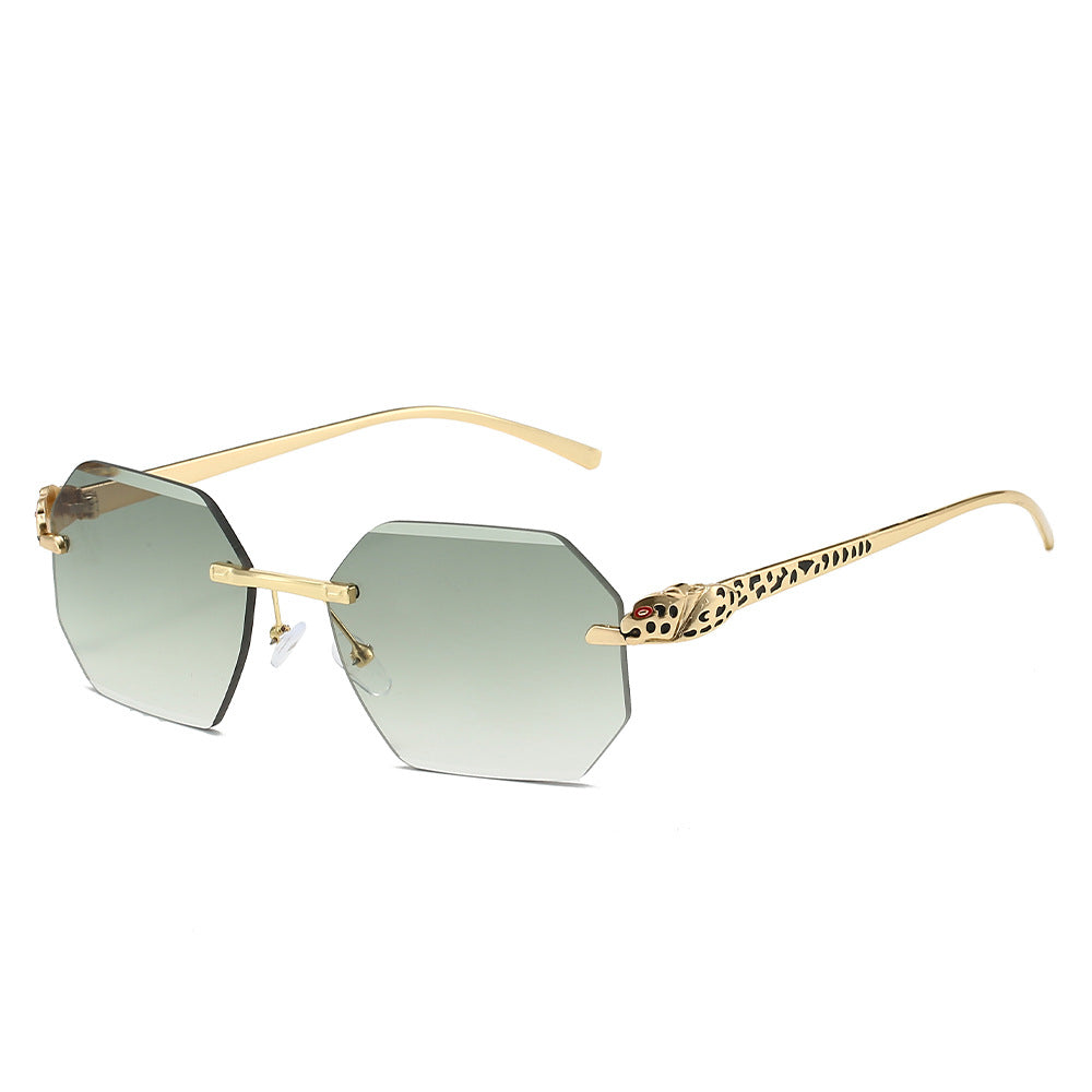 (6 PACK) Wholesale Sunglasses New Arrival Rimless Unique Leopard Head Polygon Cut Edge Fashion Women 2024 - BulkSunglassesWholesale.com - Gold Frame Gradient Green Lens