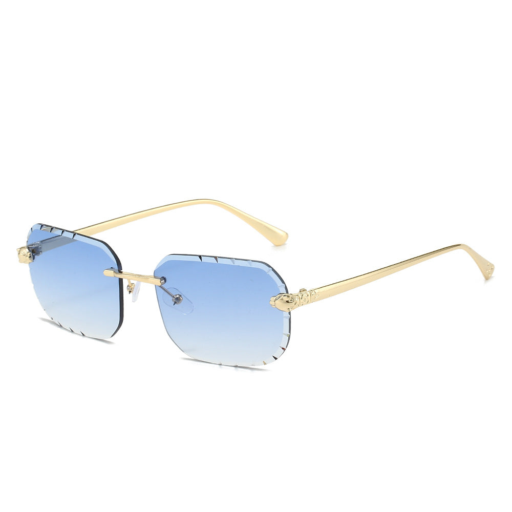 (6 PACK) Wholesale Sunglasses New Arrival Rimless Fashion Square Cut Edge Women 2024 - BulkSunglassesWholesale.com - Gold Frame Gradient Blue Lens