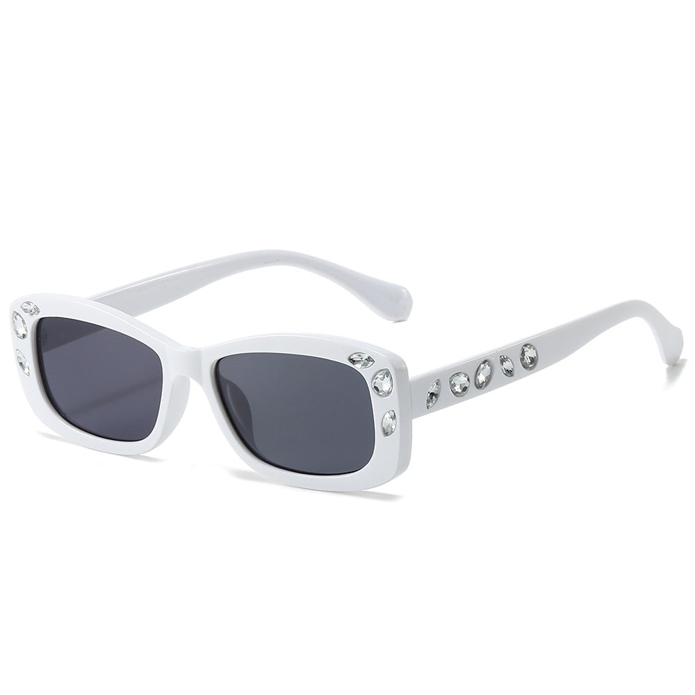 (6 PACK) Wholesale Sunglasses New Arrival Small Fashion Trendy Women Round Rhinestone Hip Hop Trendy 2024 - BulkSunglassesWholesale.com - White Frame Black Lens