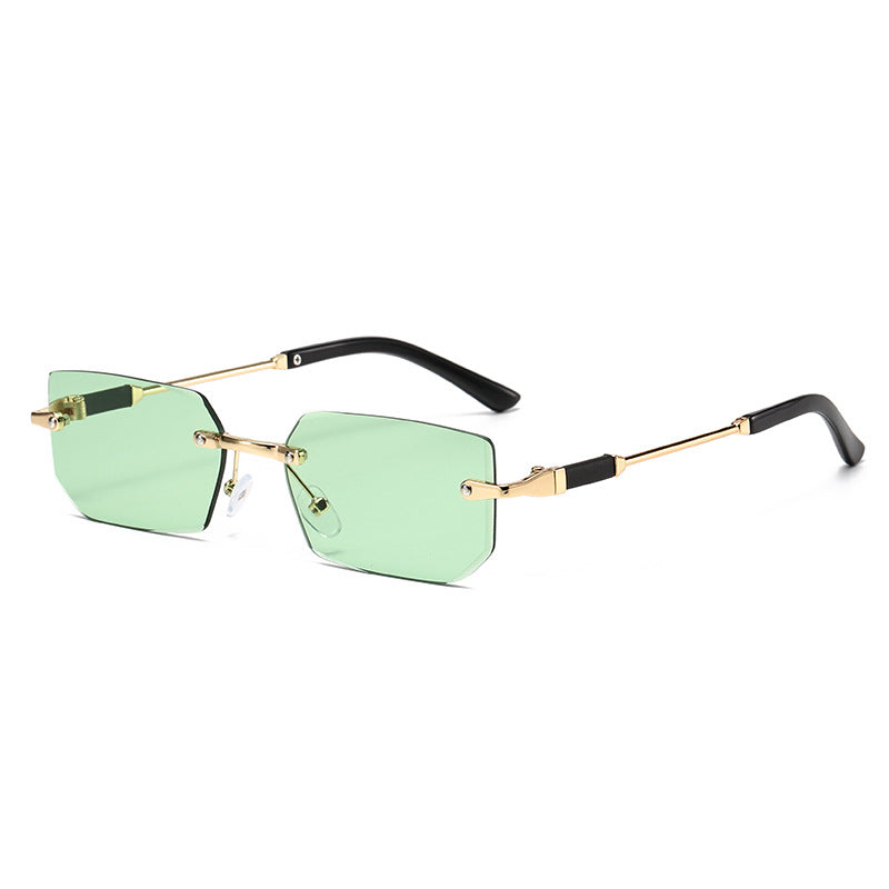 (6 PACK) Wholesale Sunglasses Rimless Polygon Cut Edge Fashion Trendy 2024 - BulkSunglassesWholesale.com - Gold Frame Green Lens