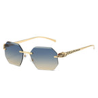(6 PACK) Wholesale Sunglasses New Arrival Rimless Unique Leopard Head Polygon Cut Edge Fashion Women 2024 - BulkSunglassesWholesale.com - Gold Frame Blue Tea Lens