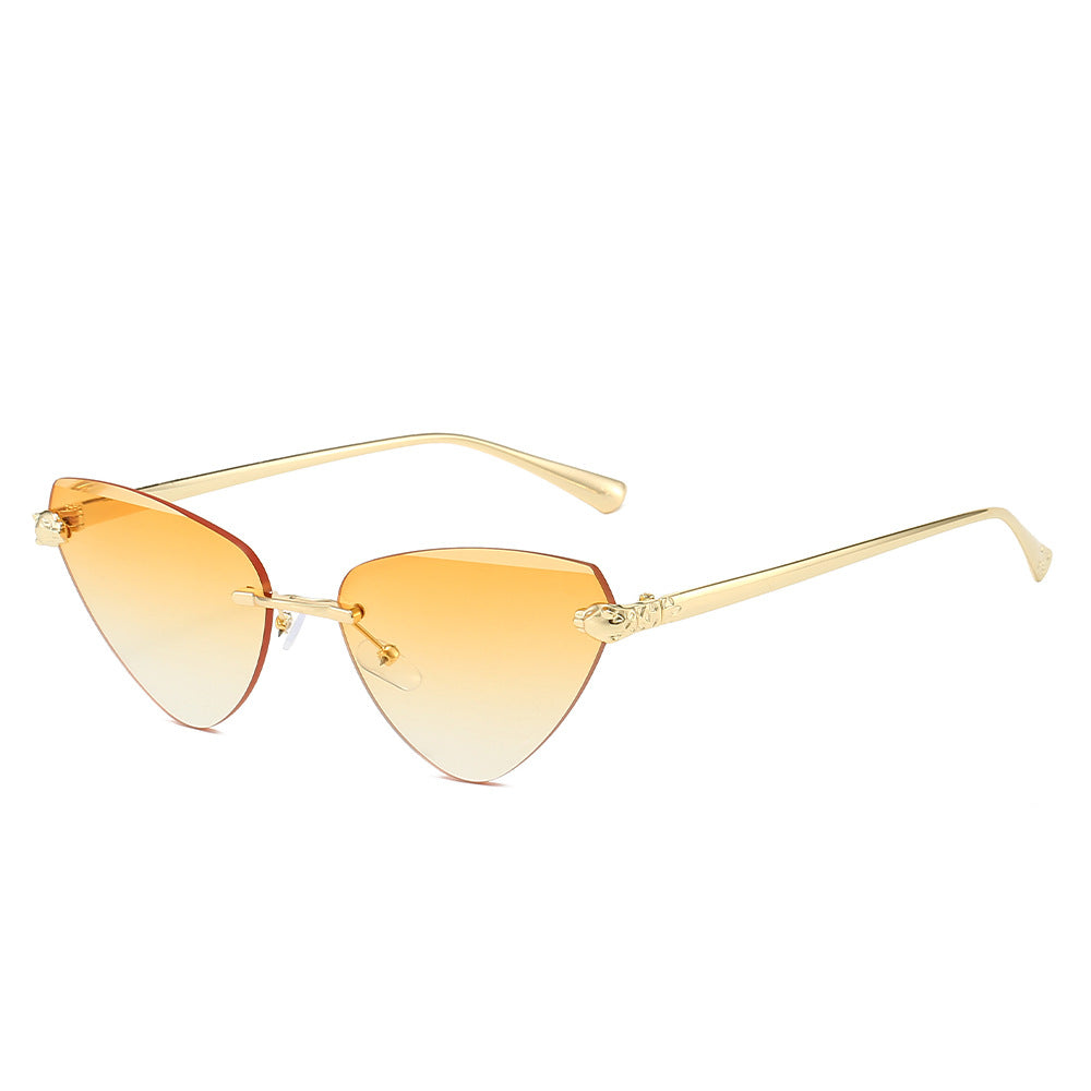 (6 PACK) Wholesale Sunglasses Fashion Cat Eye Cut Edge Trendy New Arrival Rimless Triangle 2024 - BulkSunglassesWholesale.com - Gold Frame Gradient Orange Lens