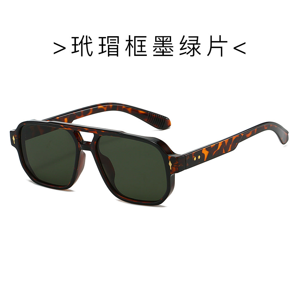 (6 PACK) Wholesale Sunglasses New Arrival Fashion Double Bridge Rivet Vintage 2024 - BulkSunglassesWholesale.com - Leopard Print Frame Green Lens