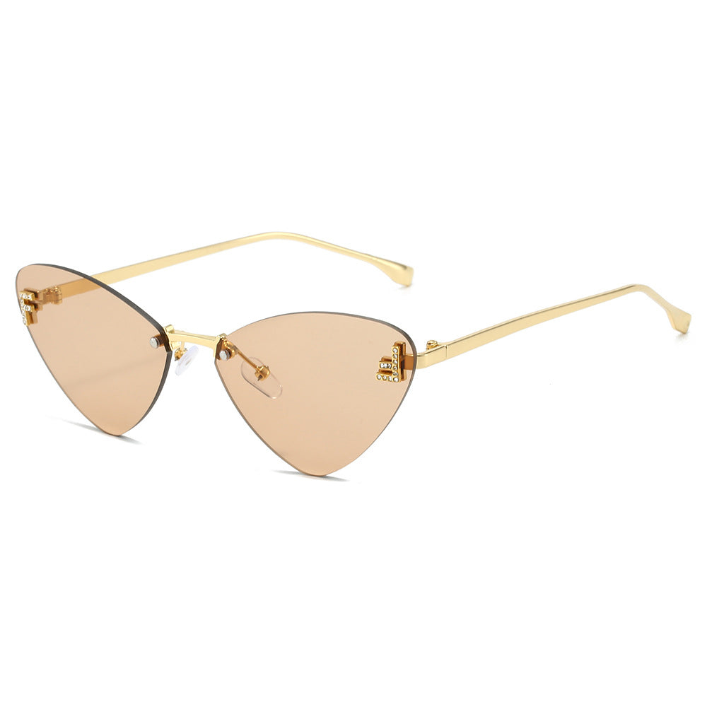 (6 PACK) Wholesale Sunglasses Rimless Triangle Cat Eye Fashion Unique Metal 2024 - BulkSunglassesWholesale.com - Gold Frame Champagne Lens