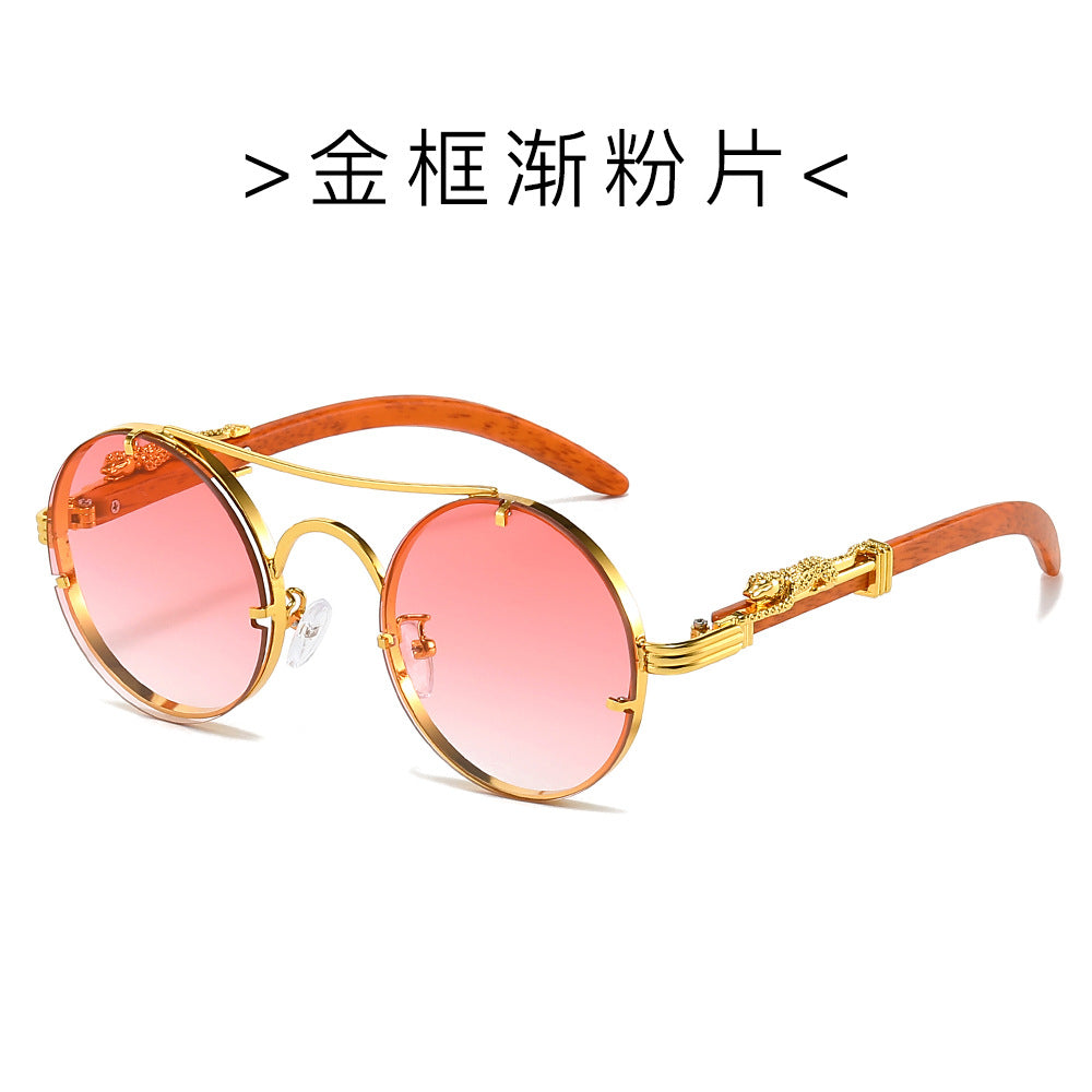 (6 PACK) Wholesale Sunglasses New Arrival Classic Vintage Double Bridge Leopard Head Men Metal Round 2024 - BulkSunglassesWholesale.com - Gold Frame Gradient Pink Lens