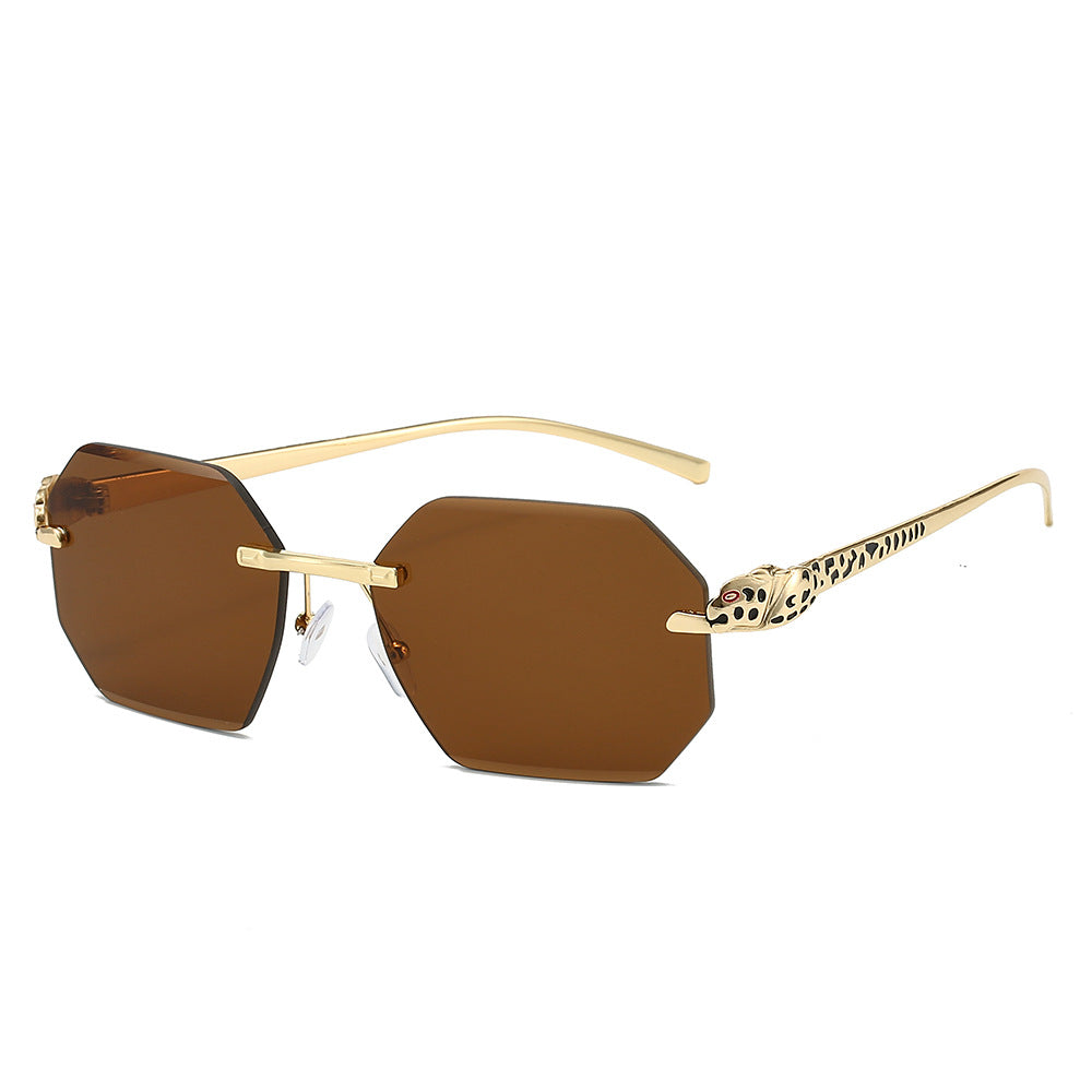 (6 PACK) Wholesale Sunglasses New Arrival Rimless Unique Leopard Head Polygon Cut Edge Fashion Women 2024 - BulkSunglassesWholesale.com - Gold Frame Tea Lens