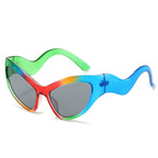 (6 PACK) Wholesale Sunglasses Unique New Arrival Cat Eye Trendy Women 2024 - BulkSunglassesWholesale.com - Green Red Blue Frame Black Lens