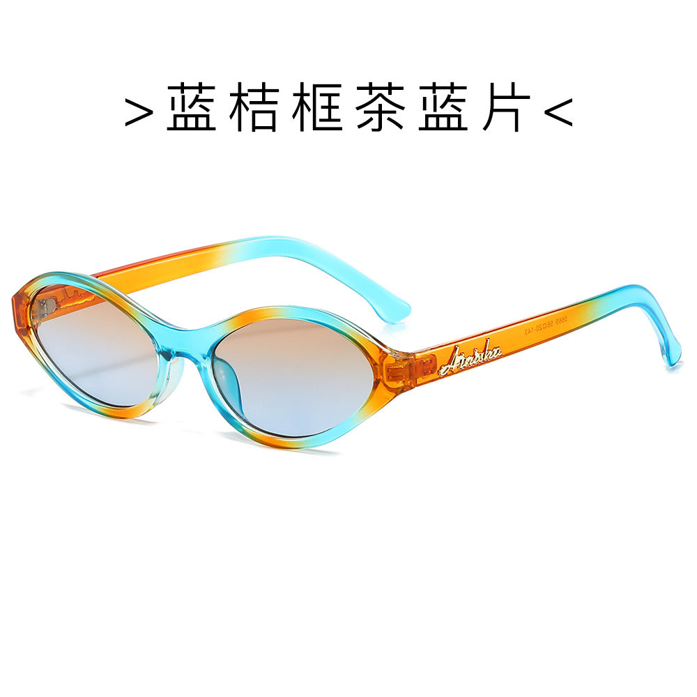 (6 PACK) Wholesale Sunglasses Vintage Unique Small Oval Trendy 2024 - BulkSunglassesWholesale.com - Blue Orange Frame Tea Blue Lens