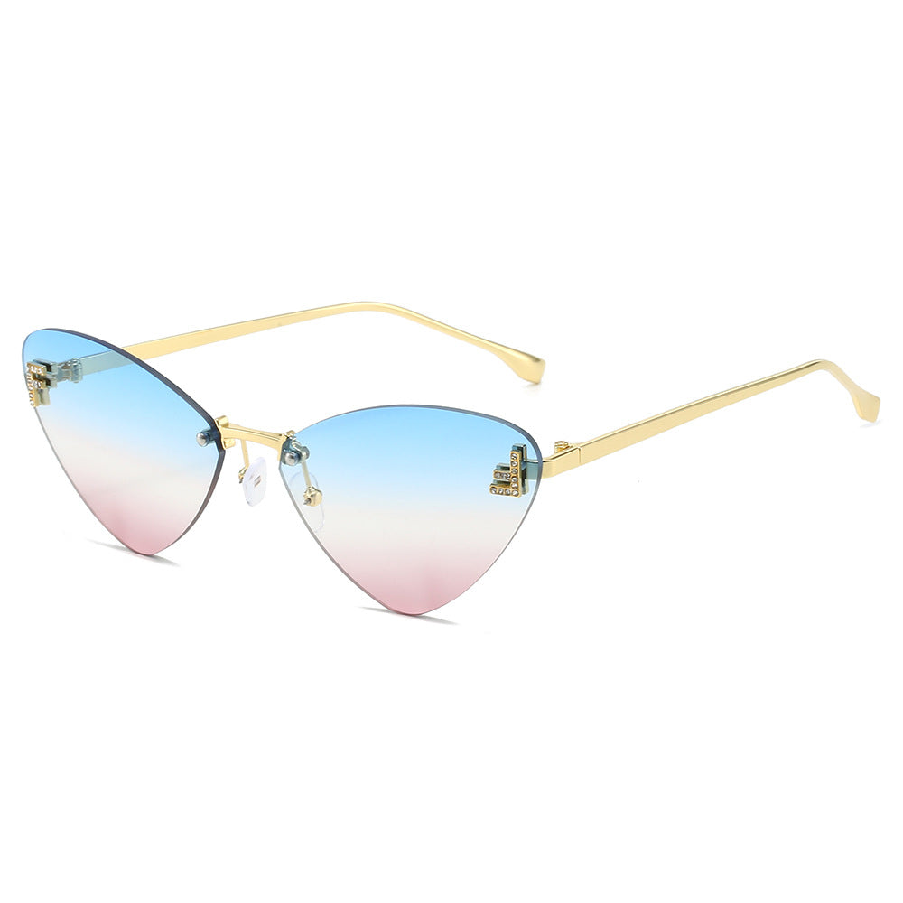 (6 PACK) Wholesale Sunglasses Rimless Triangle Cat Eye Fashion Unique Metal 2024 - BulkSunglassesWholesale.com - Gold Frame Blue Pink Lens