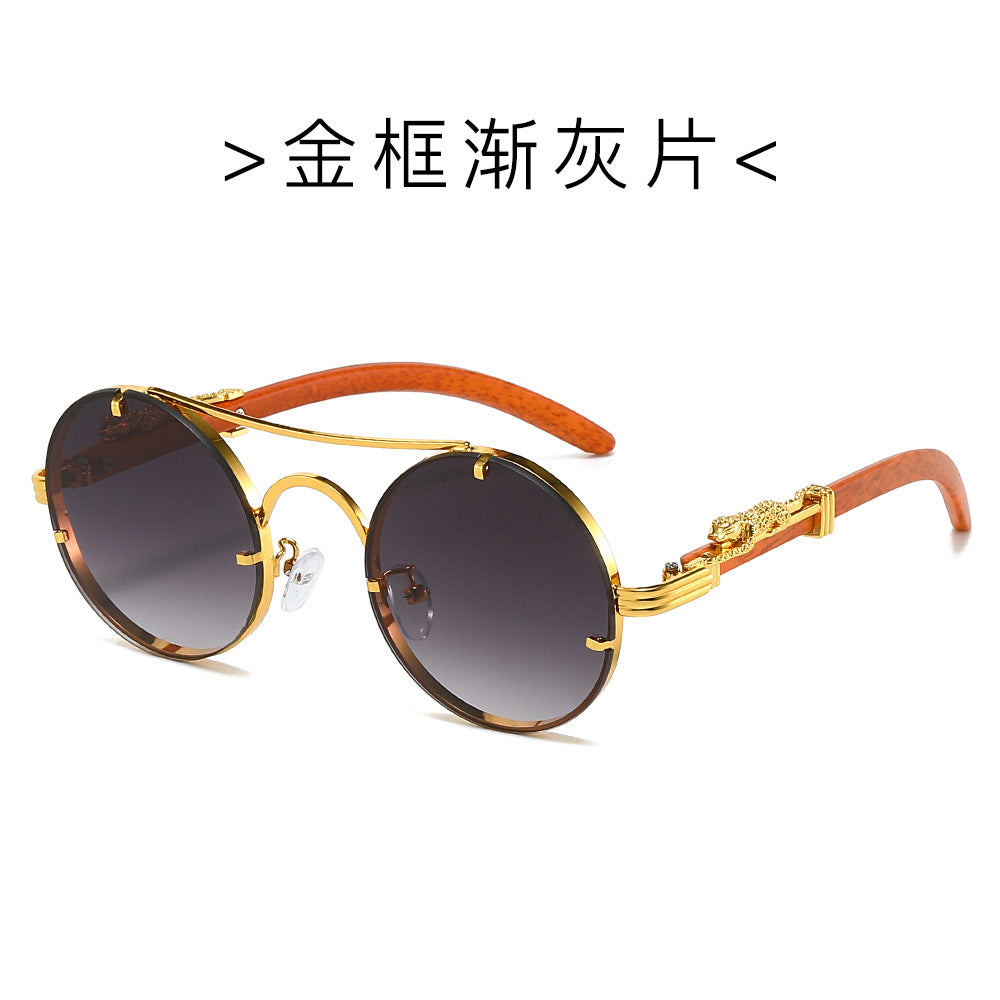 (6 PACK) Wholesale Sunglasses New Arrival Classic Vintage Double Bridge Leopard Head Men Metal Round 2024 - BulkSunglassesWholesale.com - Gold Frame Gradient Black Lens