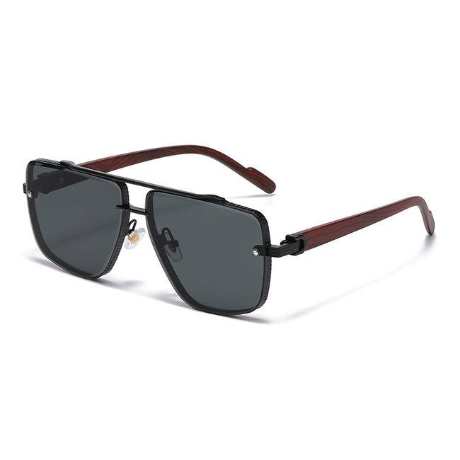 (6 PACK) Wholesale Sunglasses Double Bridge Metal Square Wood Grain New Arrival Trendy Men 2025 - BulkSunglassesWholesale.com - Black Frame Black Grey Hover Image