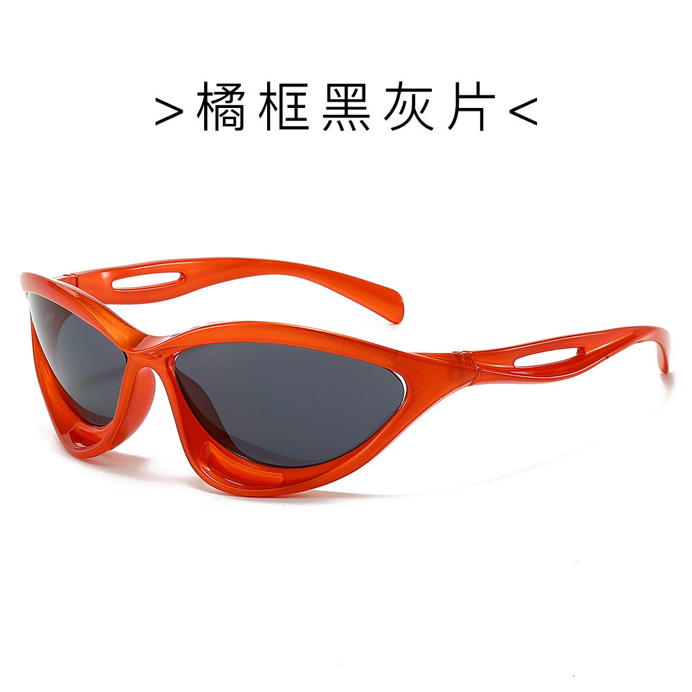 (6 PACK) Wholesale Sunglasses New Arrival Trendy Fashion Sport New Arrival Cycling Hollow 2024 - BulkSunglassesWholesale.com - Orange Frame Black Black Lens