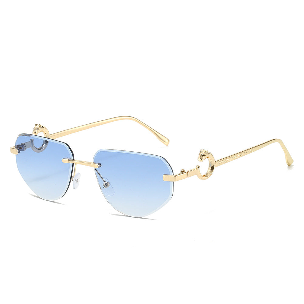 (6 PACK) Wholesale Sunglasses New Arrival Rimless Unique Metal Fashion Cut Edge Unisex 2024 - BulkSunglassesWholesale.com - Gold Frame Blue Lens