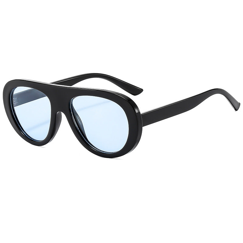 (6 PACK) Wholesale Sunglasses Vintage Oval Street Trendy Outdoor Fashion 2025 - BulkSunglassesWholesale.com - Black Frame Blue Lens