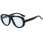 (6 PACK) Wholesale Sunglasses Vintage Oval Street Trendy Outdoor Fashion 2025 - BulkSunglassesWholesale.com - Black Frame Blue Lens