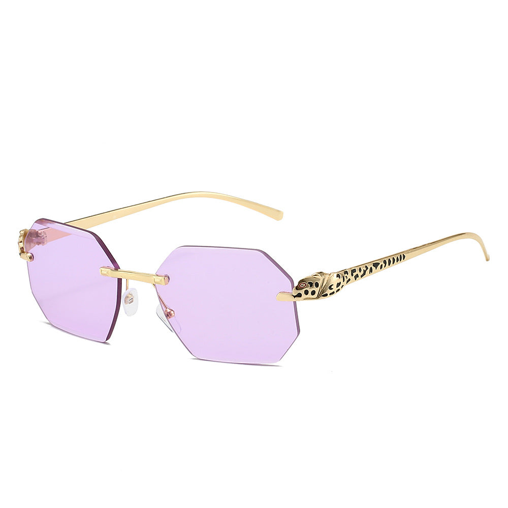 (6 PACK) Wholesale Sunglasses New Arrival Rimless Unique Leopard Head Polygon Cut Edge Fashion Women 2024 - BulkSunglassesWholesale.com - Gold Frame Purple Lens