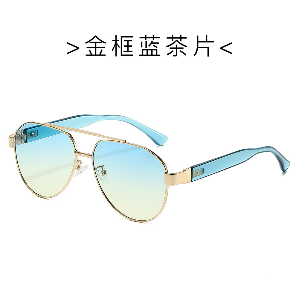 (6 PACK) Wholesale Sunglasses New Arrival Men Vintage Metal Aviator Double Bridge 2024 - BulkSunglassesWholesale.com - Gold Frame Blue Tea Lens