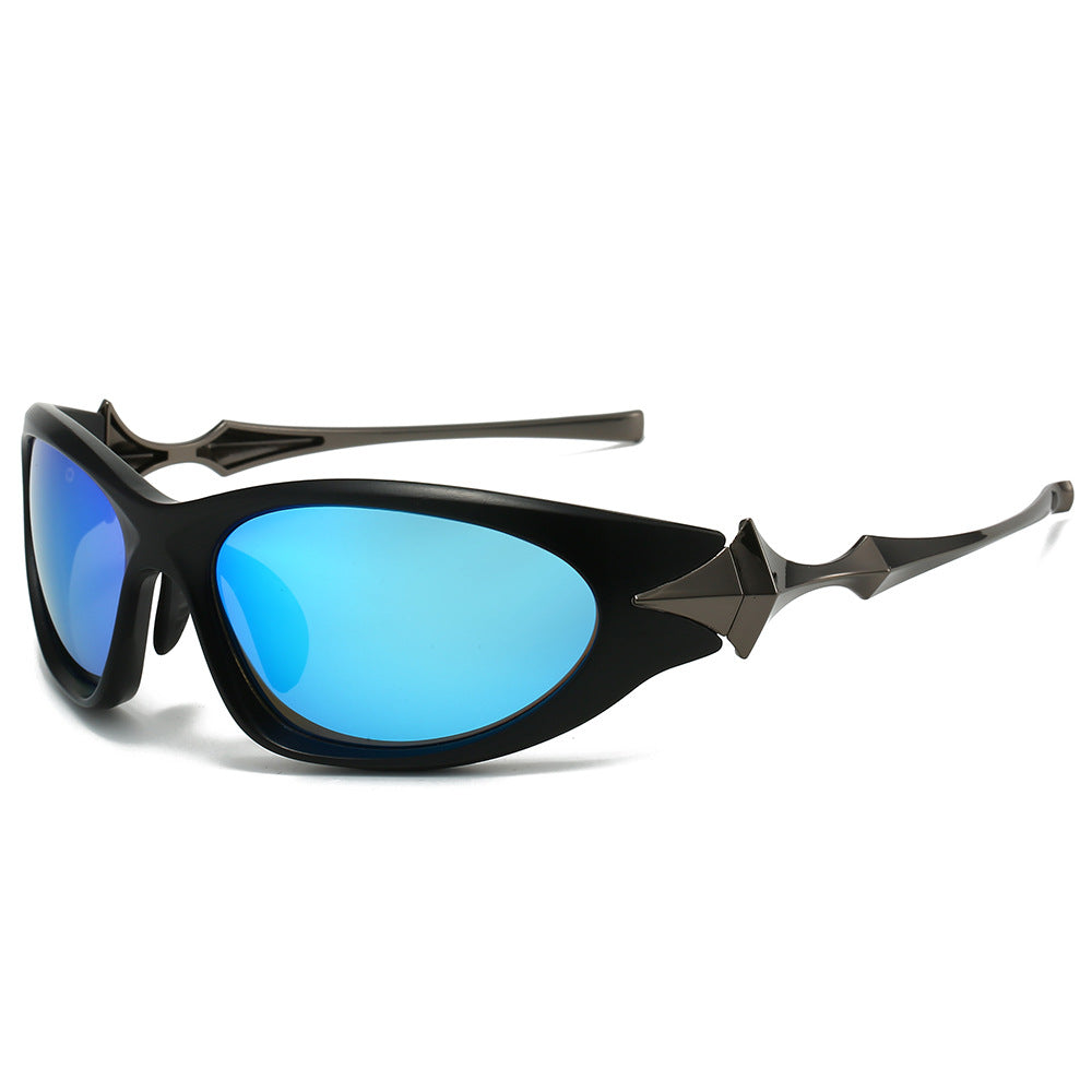 (6 PACK) Wholesale Sunglasses Star Cyber Punk Futuristic New Arrival Ninja Star 2024 - BulkSunglassesWholesale.com - Black Frame Blue Lens