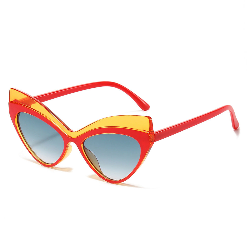 (6 PACK) Wholesale Sunglasses New Arrival Cat Eye Unique Oversized Fashion 2024 - BulkSunglassesWholesale.com - Red Yellow Frame Blue Black Lens