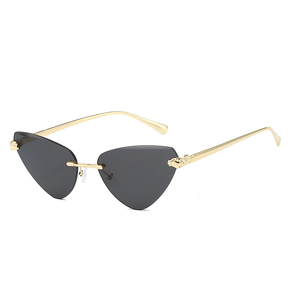 (6 PACK) Wholesale Sunglasses Fashion Cat Eye Cut Edge Trendy New Arrival Rimless Triangle 2024 - BulkSunglassesWholesale.com - Gold Frame Black Lens
