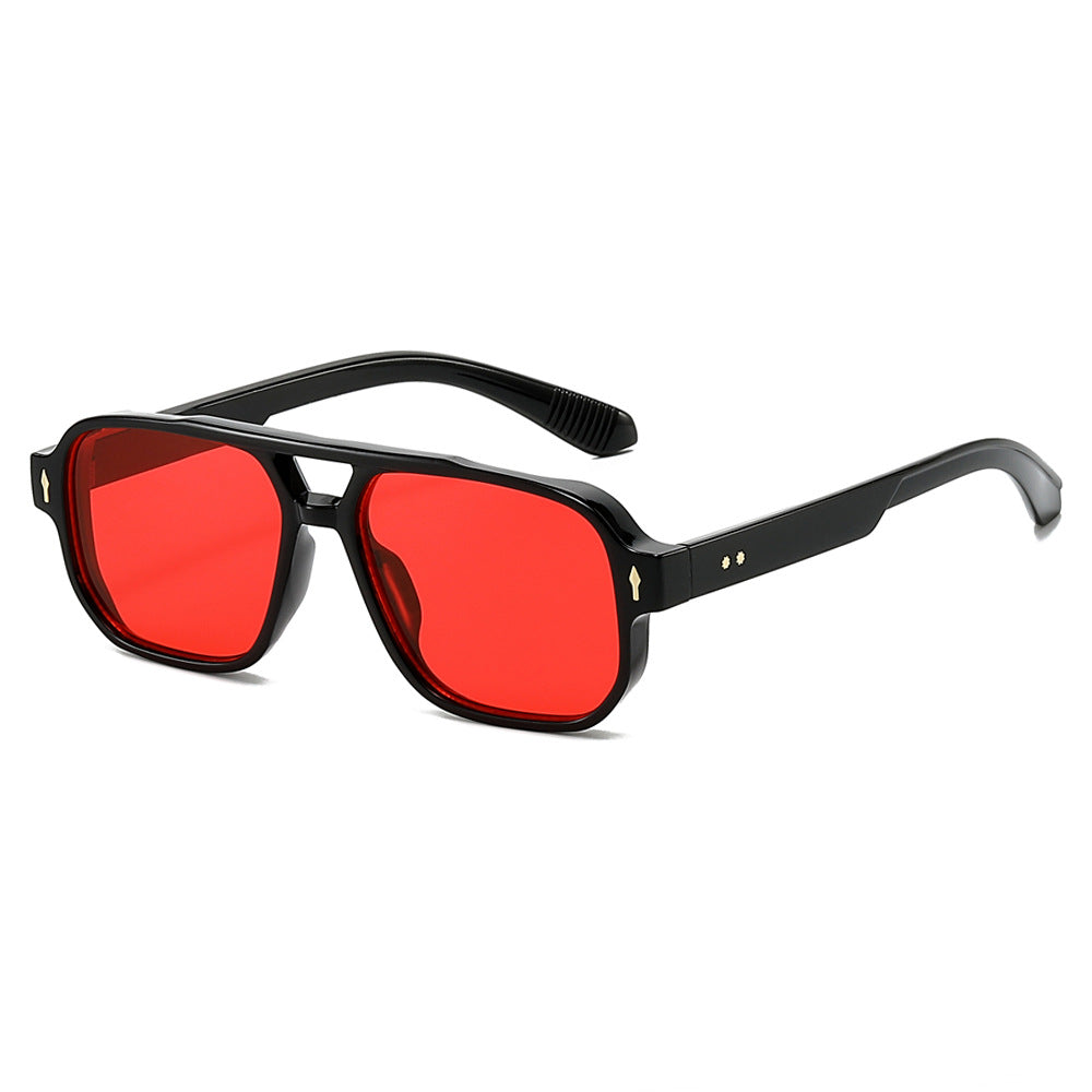 (6 PACK) Wholesale Sunglasses New Arrival Fashion Double Bridge Rivet Vintage 2024 - BulkSunglassesWholesale.com - Black Frame Red Lens