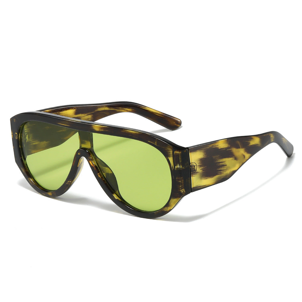 (6 PACK) Wholesale Sunglasses New Arrival Oversized Fashion Unique One Piece Aviator One Piece Unisex 2025 - BulkSunglassesWholesale.com - Leopard Print Frame Green Lens