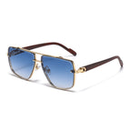 (6 PACK) Wholesale Sunglasses Double Bridge Metal Square Wood Grain New Arrival Trendy Men 2025 - BulkSunglassesWholesale.com - Gold Frame Gradient Blue