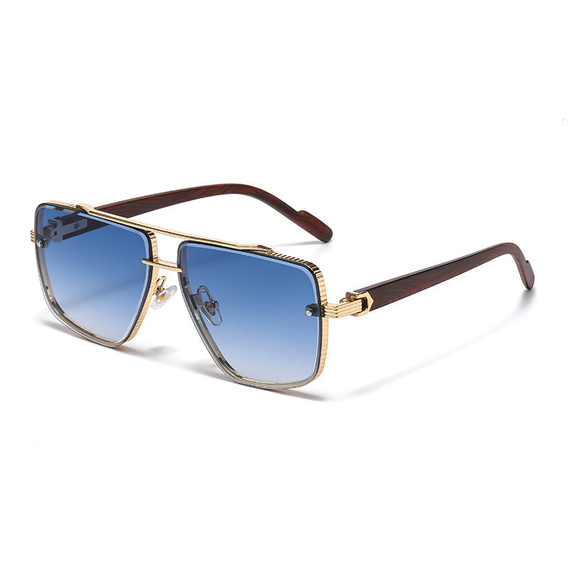 (6 PACK) Wholesale Sunglasses Double Bridge Metal Square Wood Grain New Arrival Trendy Men 2025 - BulkSunglassesWholesale.com - Gold Frame Gradient Blue