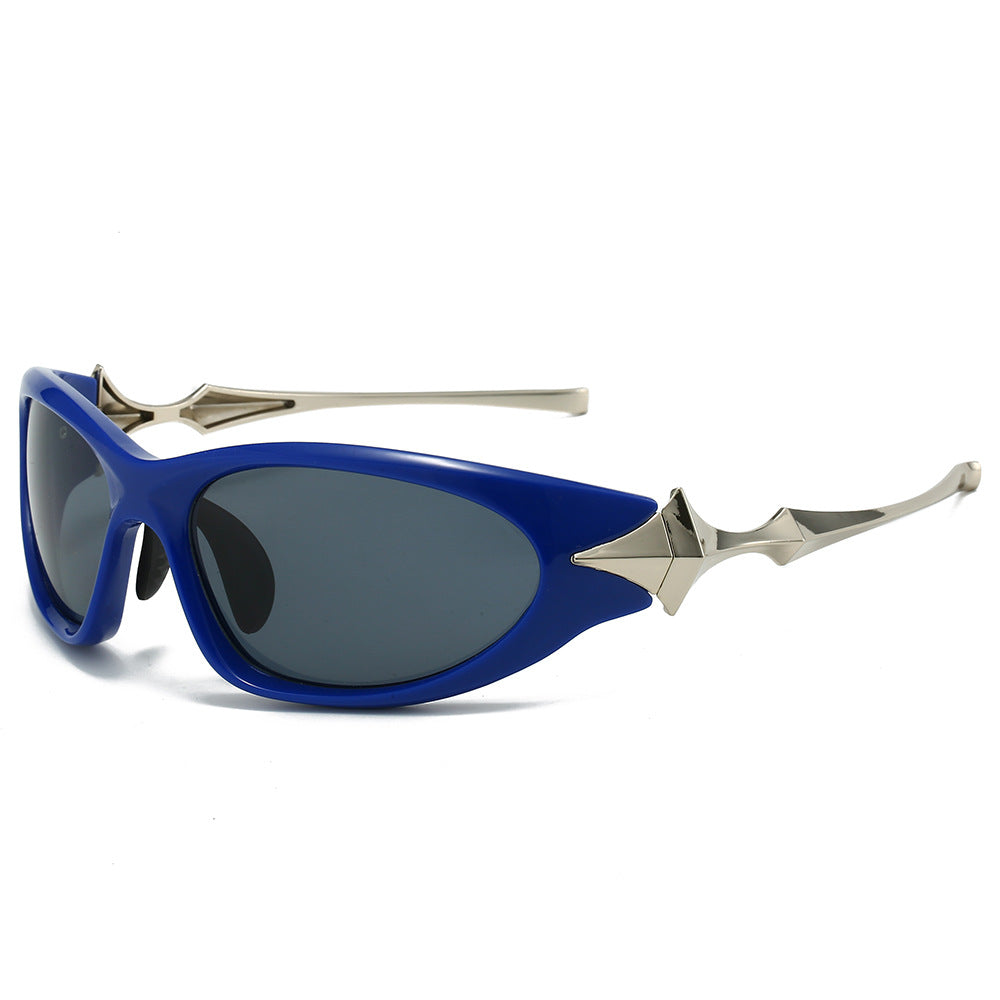 (6 PACK) Wholesale Sunglasses Star Cyber Punk Futuristic New Arrival Ninja Star 2024 - BulkSunglassesWholesale.com - Blue Frame Black Lens