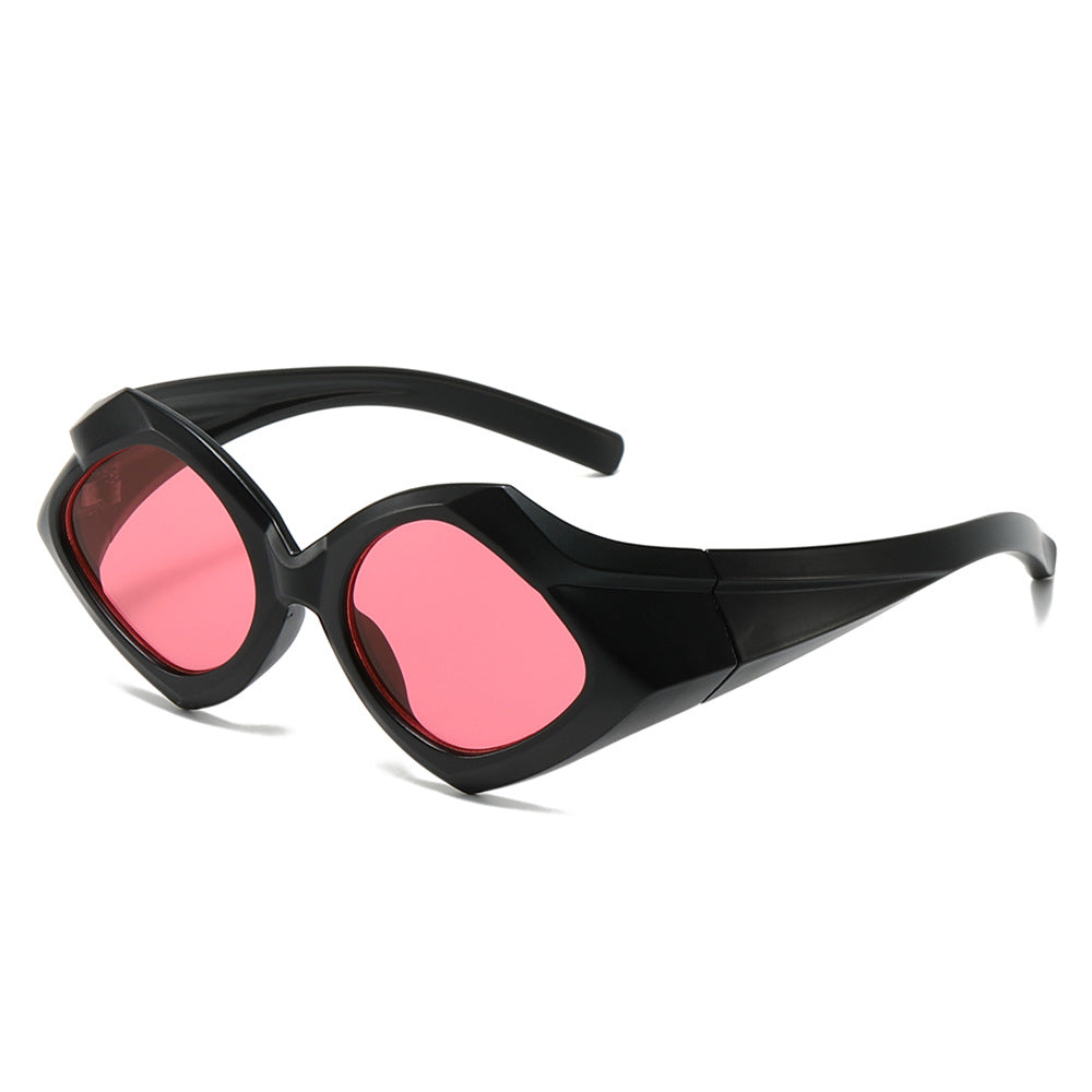 (6 PACK) Wholesale Sunglasses New Arrival Unique Trendy Triangle Hip Hop 2024 - BulkSunglassesWholesale.com - Black Frame Red Lens