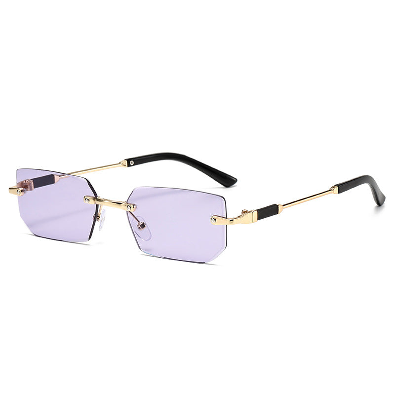 (6 PACK) Wholesale Sunglasses Rimless Polygon Cut Edge Fashion Trendy 2024 - BulkSunglassesWholesale.com - Gold Frame Purple Lens
