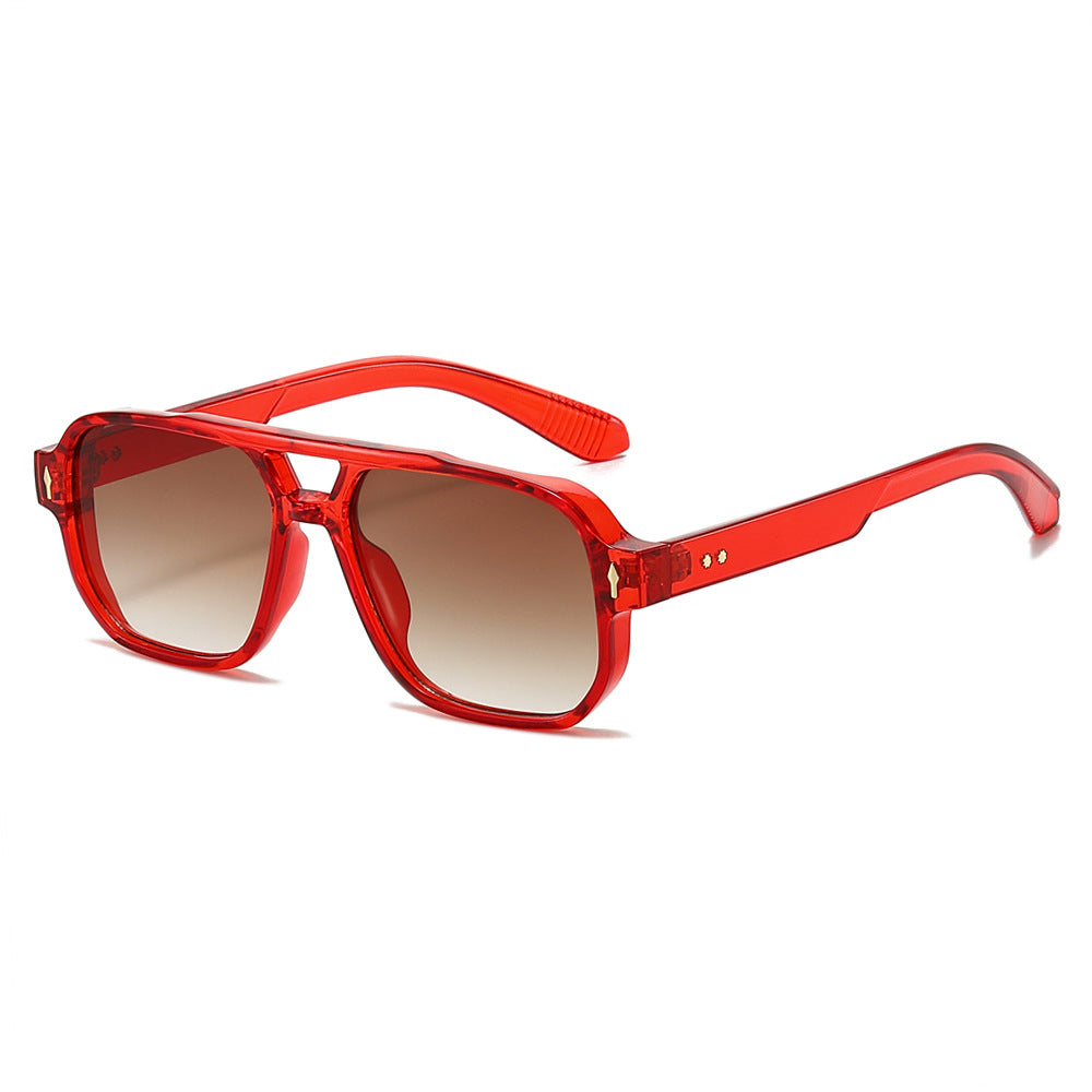 (6 PACK) Wholesale Sunglasses New Arrival Fashion Double Bridge Rivet Vintage 2024 - BulkSunglassesWholesale.com - Clear Red Frame Gradient Tea Lens