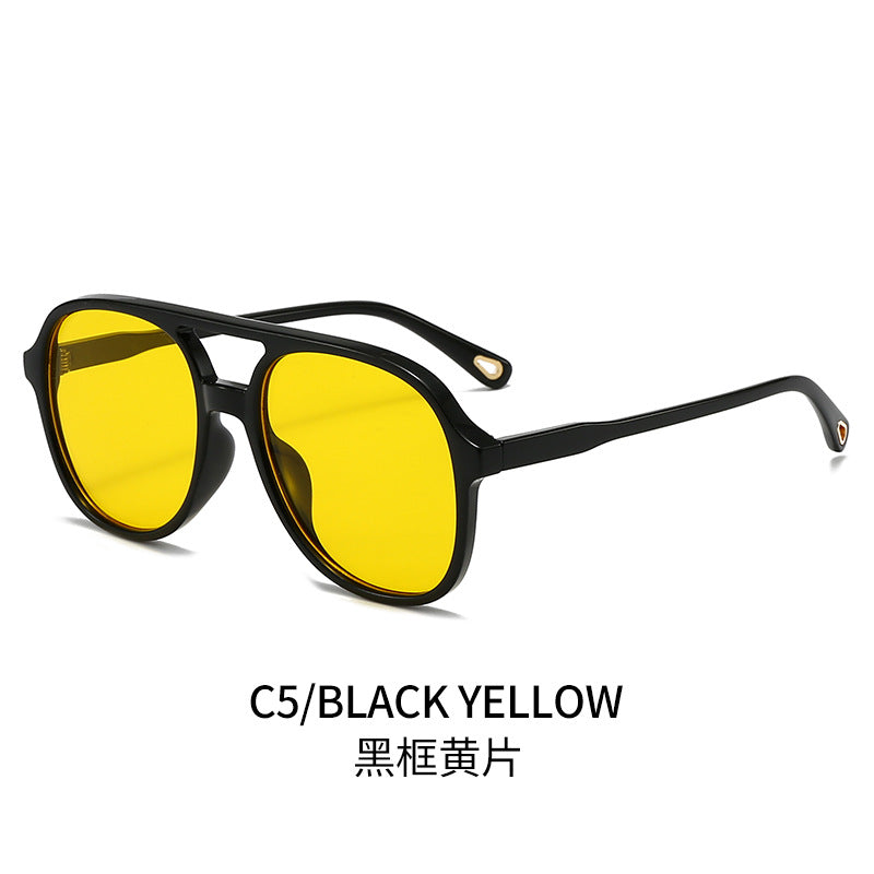 (6 PACK) Wholesale Sunglasses Double Bridge Round Aviator Outdoor 2024 - BulkSunglassesWholesale.com - Black Frame Yellow Lens