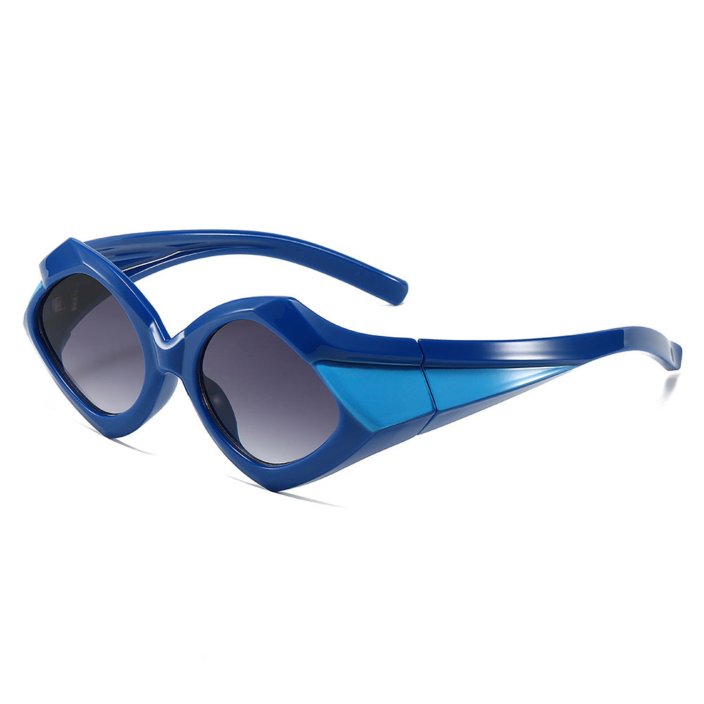 (6 PACK) Wholesale Sunglasses New Arrival Unique Trendy Triangle Hip Hop 2024 - BulkSunglassesWholesale.com - Dark Blue Frame Gradient Black Lens