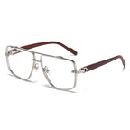 (6 PACK) Wholesale Sunglasses Double Bridge Metal Square Wood Grain New Arrival Trendy Men 2025 - BulkSunglassesWholesale.com - Silver Frame White