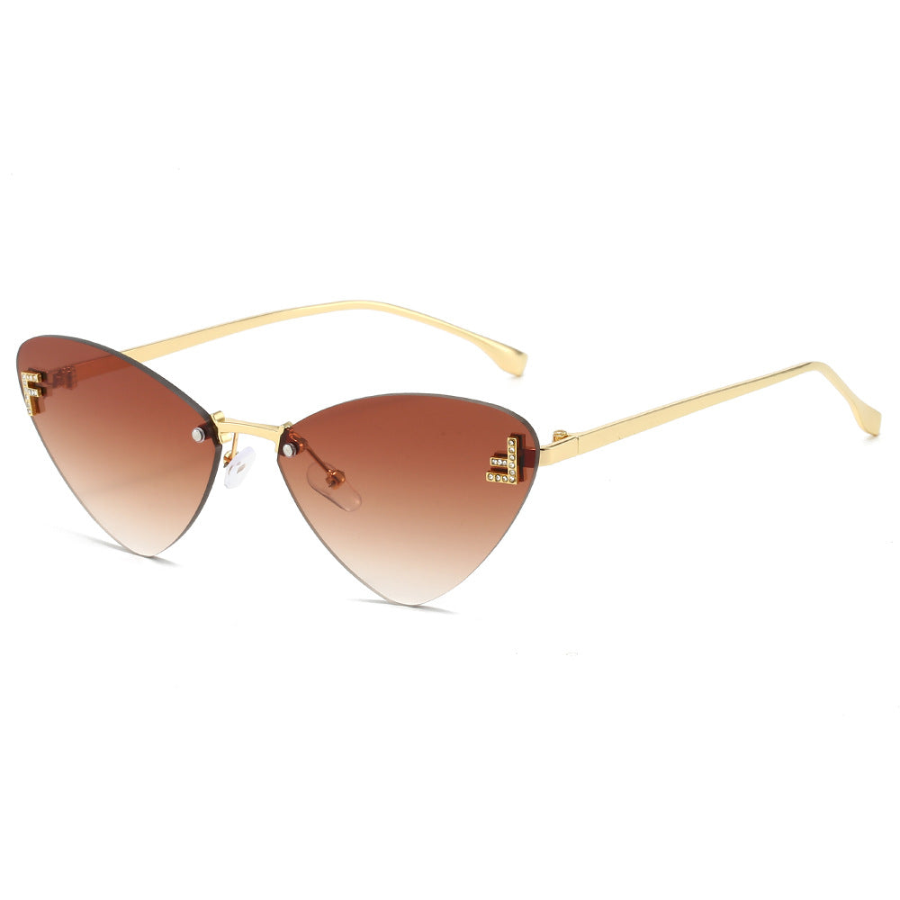 (6 PACK) Wholesale Sunglasses Rimless Triangle Cat Eye Fashion Unique Metal 2024 - BulkSunglassesWholesale.com - Gold Frame Gradient Tea Lens