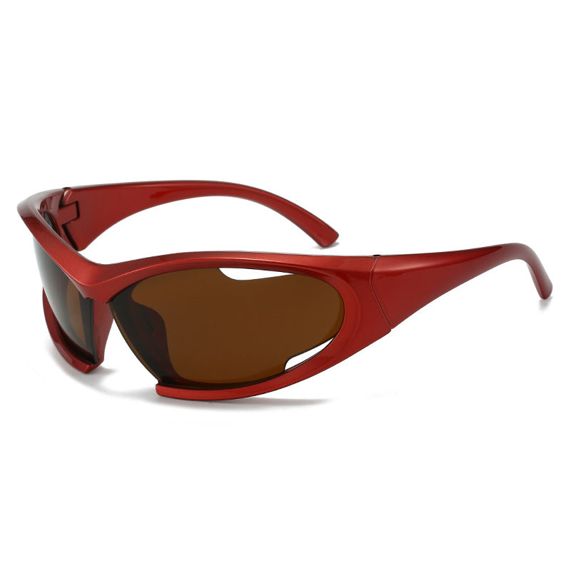 (12 PACK) Wholesale Sports Sunglasses New Arrival Hollow Trendy Street Cycling Sport Women 2024 - BulkSunglassesWholesale.com - Red Frame Tea Lens