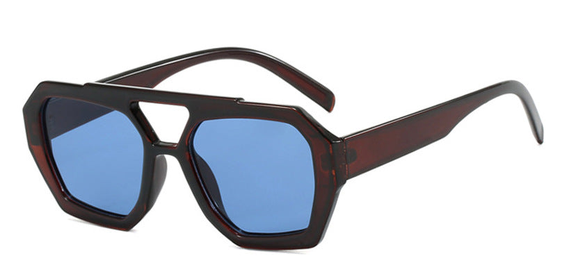(6 PACK) Wholesale Sunglasses Double Bridge Vintage Unique Trendy Women 2024 - BulkSunglassesWholesale.com - Dark Tea Frame Blue Lens