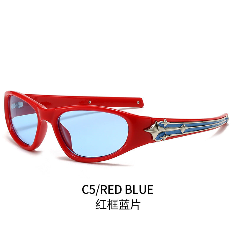 (6 PACK) Wholesale Sunglasses New Arrival Sport Fashion Trendy Vintage Unisex 2024 - BulkSunglassesWholesale.com - Red Frame Blue Lens