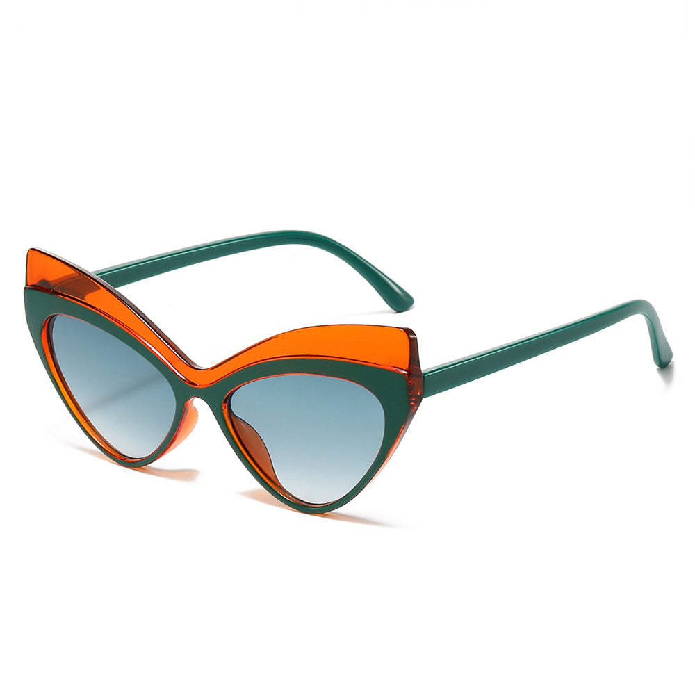 (6 PACK) Wholesale Sunglasses New Arrival Cat Eye Unique Oversized Fashion 2024 - BulkSunglassesWholesale.com - Green Orange Frame Blue Black Lens