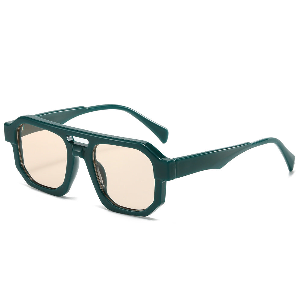 (6 PACK) Wholesale Sunglasses New Arrival Women Oversized Women Women Unique Double Bridge 2024 - BulkSunglassesWholesale.com - Green Frame Champagne Lens