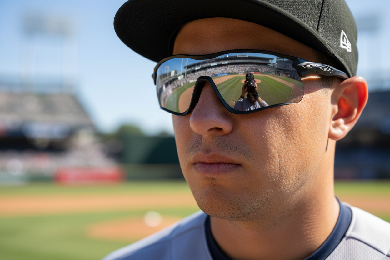 A close-up of a baseball player wearing sports sunglasses