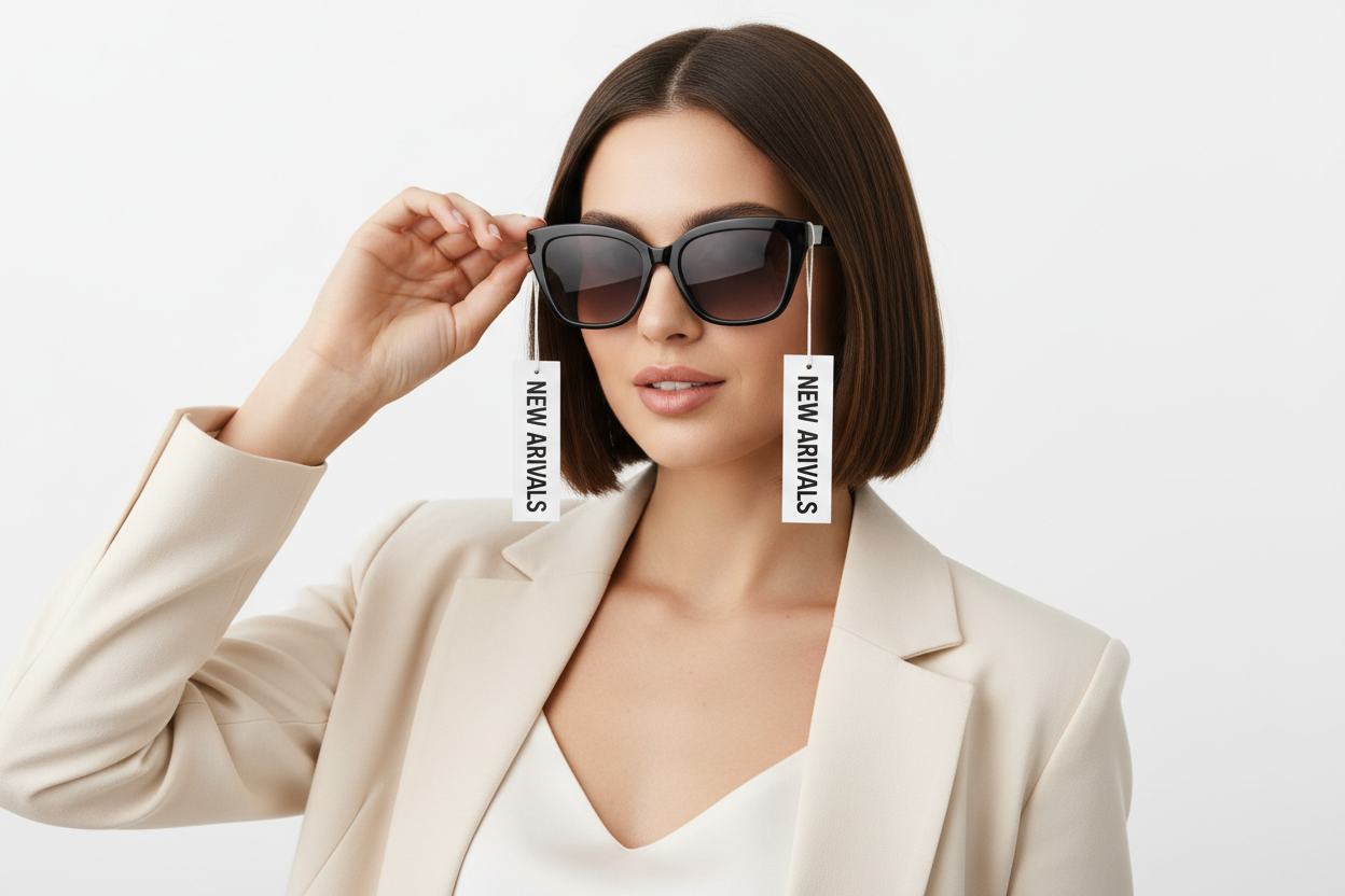 a lady wear a sunglasses that with new arrivals tags.