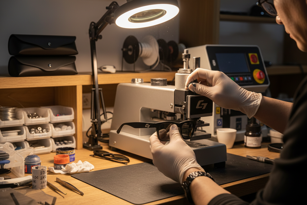 A workshop, where a person is printing a logo on a pair of sunglasses.