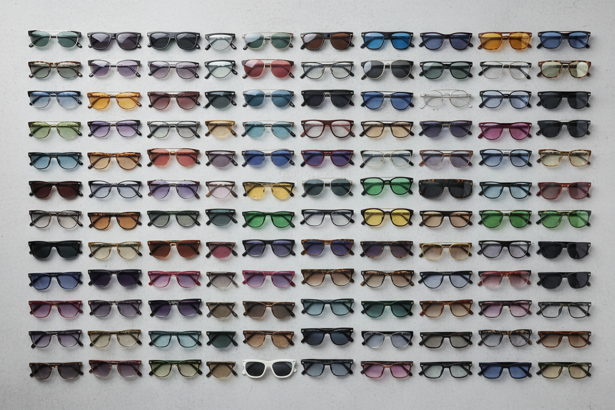 An overhead flat lay photograph detailing hundreds of diverse sunglasses arranged neatly in dense rows on a textured light grey concrete surface. A massive variety of frame styles including aviators, wayfarers, cat-eye, oversized, and sporty frames are visible. A rainbow gradient of lens colors across the collection. High fashion aesthetic showing immense volume and variety. Even studio lighting, sharp focus across the entire frame. No shadows. --ar 16:9