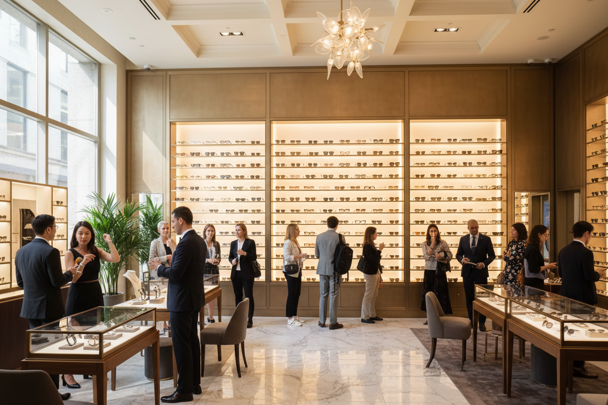 Interior photograph of a bustling, upscale boutique retail store. The focus is on a massive, illuminated floor-to-ceiling custom display wall that is densely packed with hundreds of fashionable sunglasses styles. Sunlight streams in from a large window. The aesthetic is modern luxury and successful retail. The image conveys high stock levels in a premium retail environment. --ar 16:9
