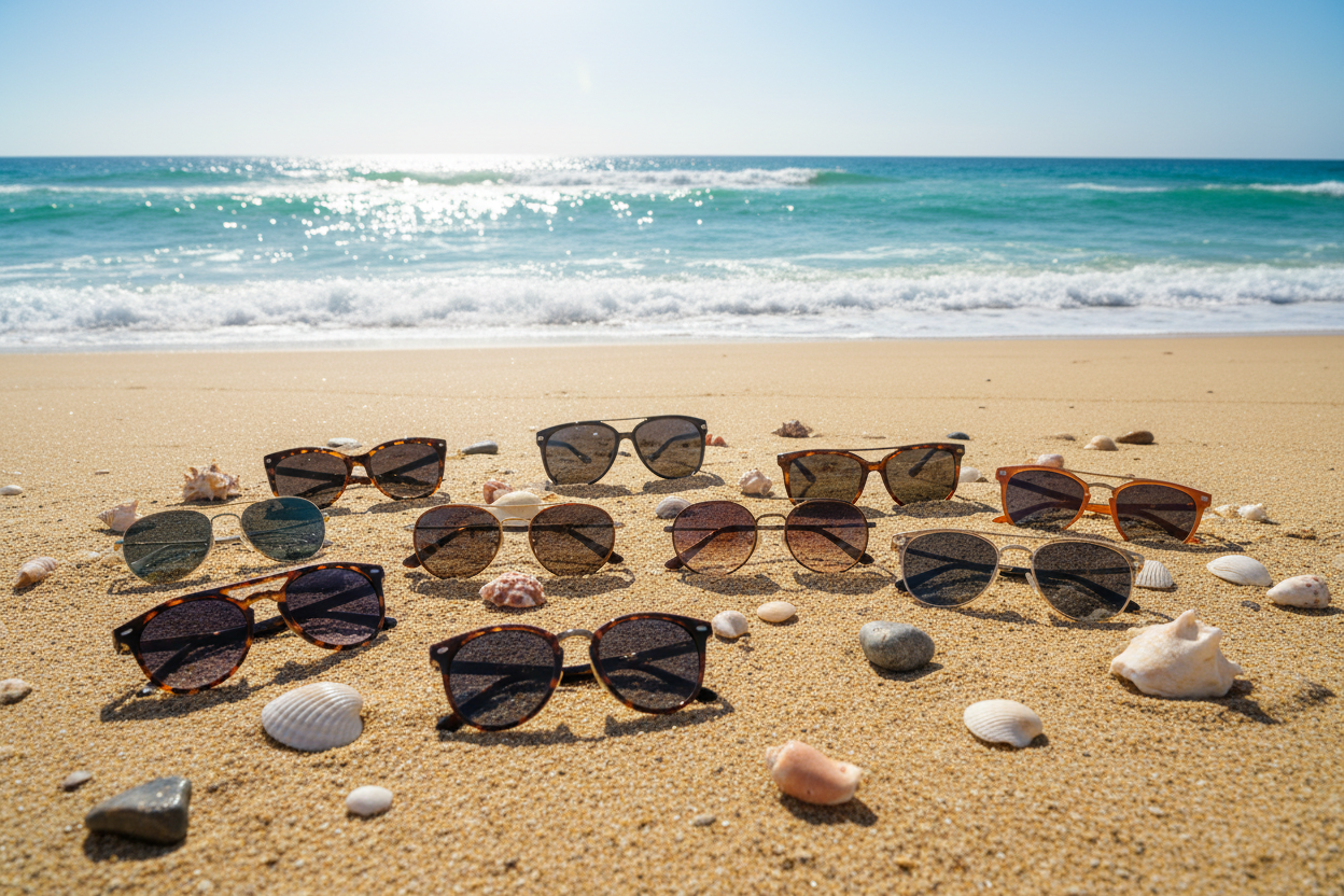 Some sunglasses were scattered on the beach.