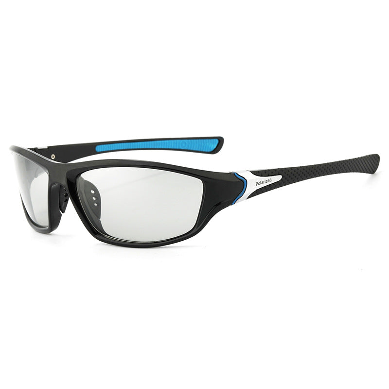 (12 PACK) Wholesale Sports Sunglasses Polarized Sport Fashion Unisex Outdoor Cycling 2024 - BulkSunglassesWholesale.com - Black Frame Photochromic Lens Blue Temple